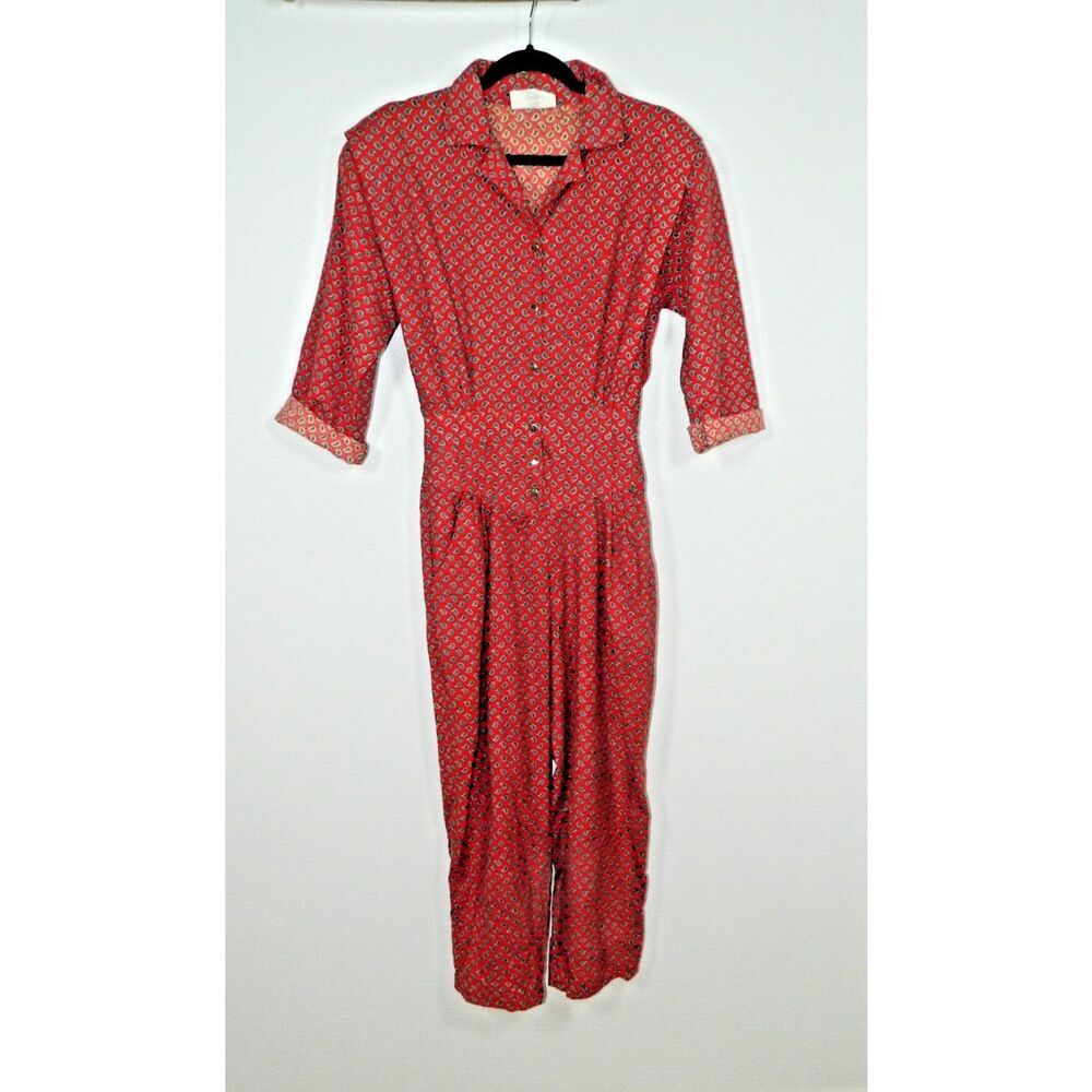 Angeles Jumpsuit Vintage 80s Size XS/S Red Brown Paisley Pockets California USA